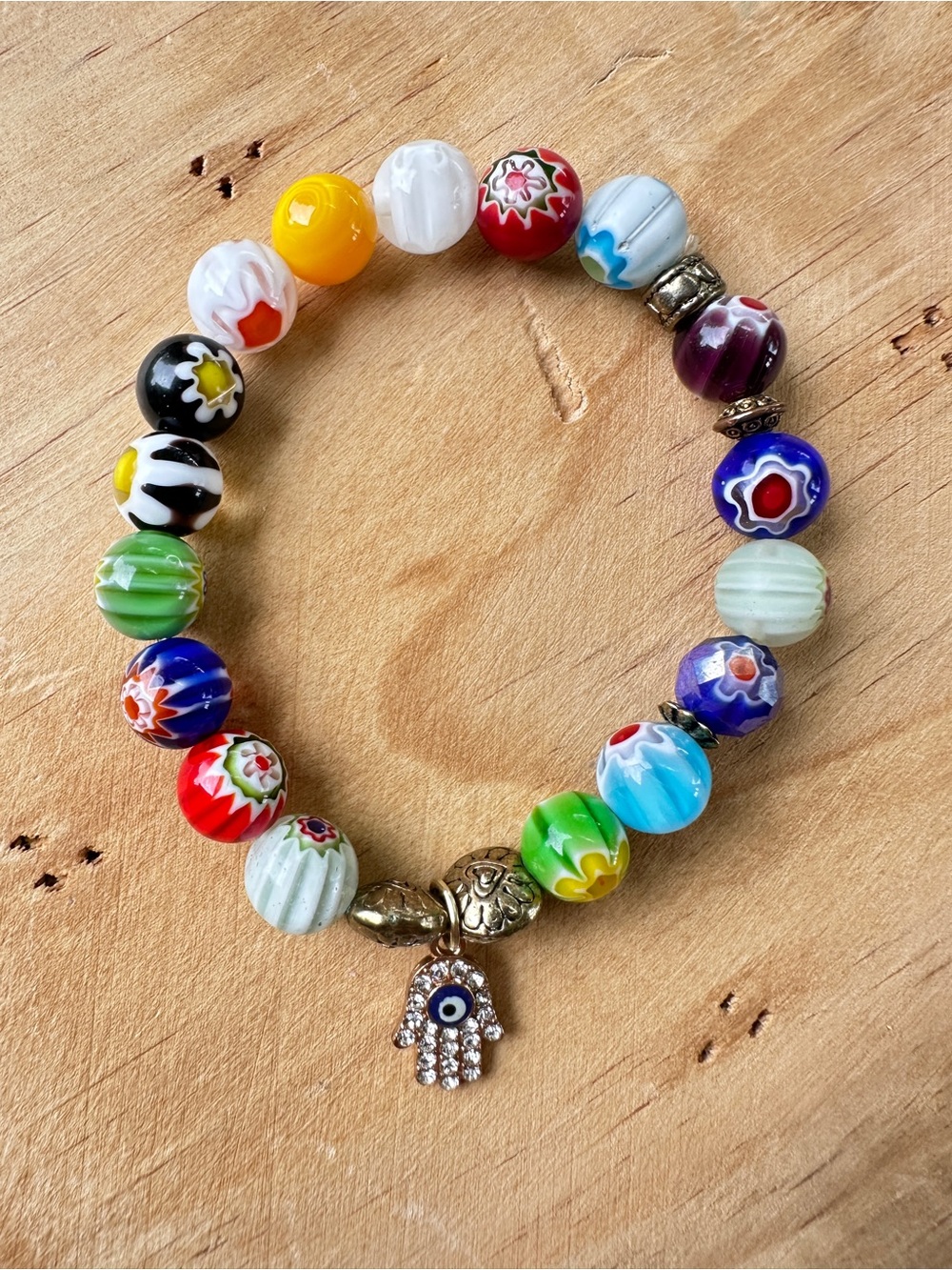 Multicolor Millefiori Glass Bead Stretch Bracelet with Hamsa Charm